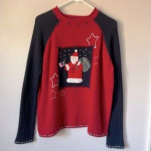 Vintage Karen Scott Patriotic Christmas Sweater Knit Red Navy Santa Americana XL